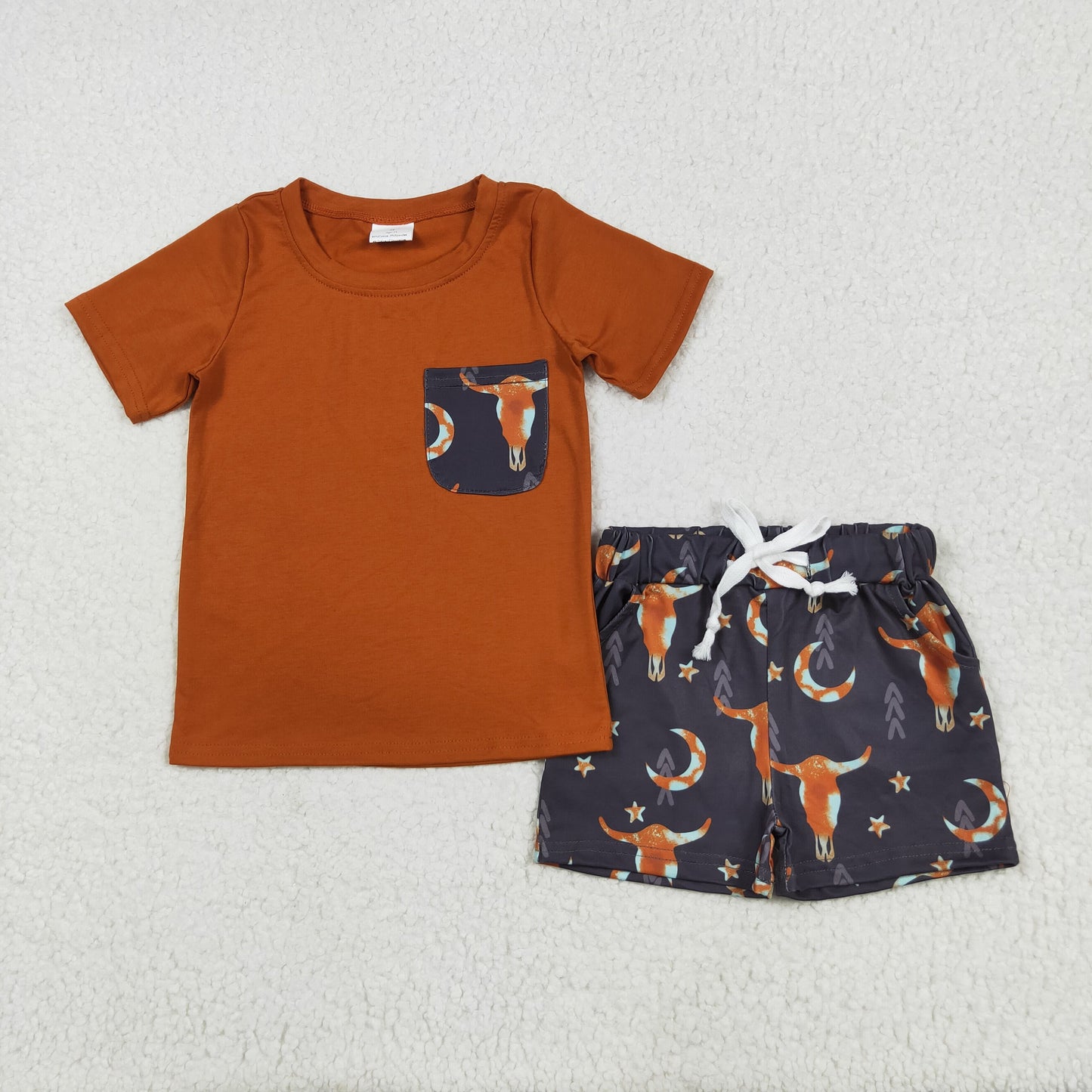 BSSO0758 Western cow wine red pocket short sleeve black shorts boys set