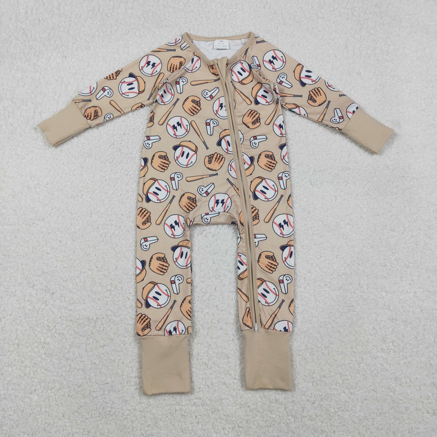 LR2816 baseball smile khaki zipper long sleeve boys romper