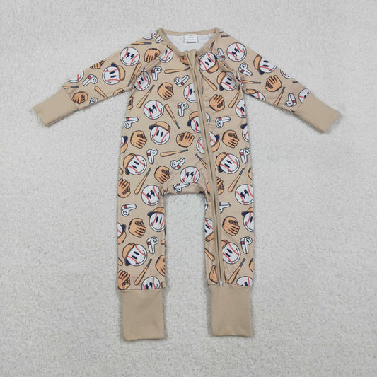 LR2816 baseball smile khaki zipper long sleeve boys romper