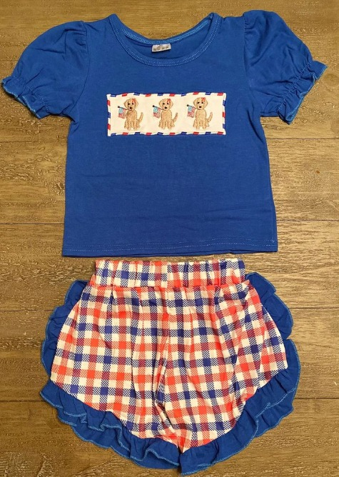 preorder GSSO0476 July 4th Dog Flag Blue Short Sleeve Red Blue Checkered Shorts Girls Set