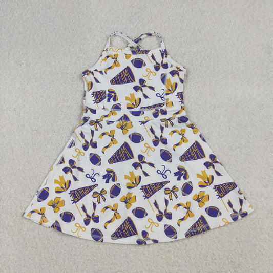GSD2781 yoga football item cheer go team yellow purple bows skorts girls dress