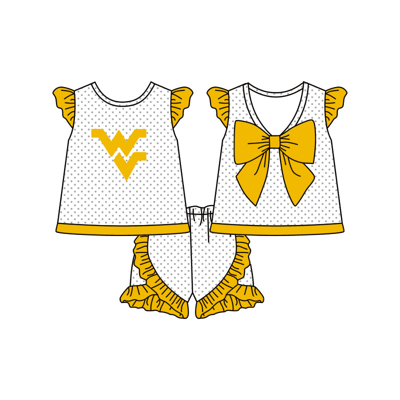 custom style West Virginia yellow flutter sleeve dot shorts girls set