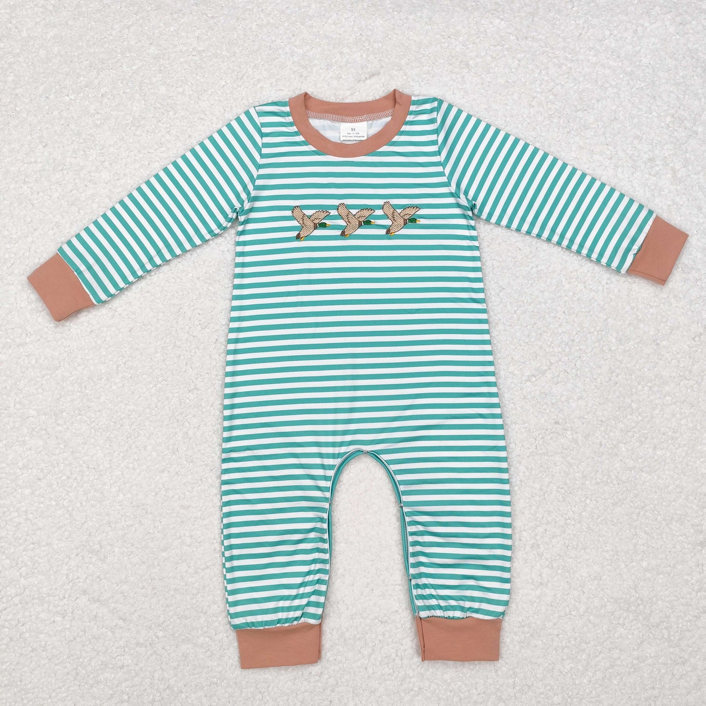 embroidery LR1618 hunting mallard duck green striped long sleeve boys romper