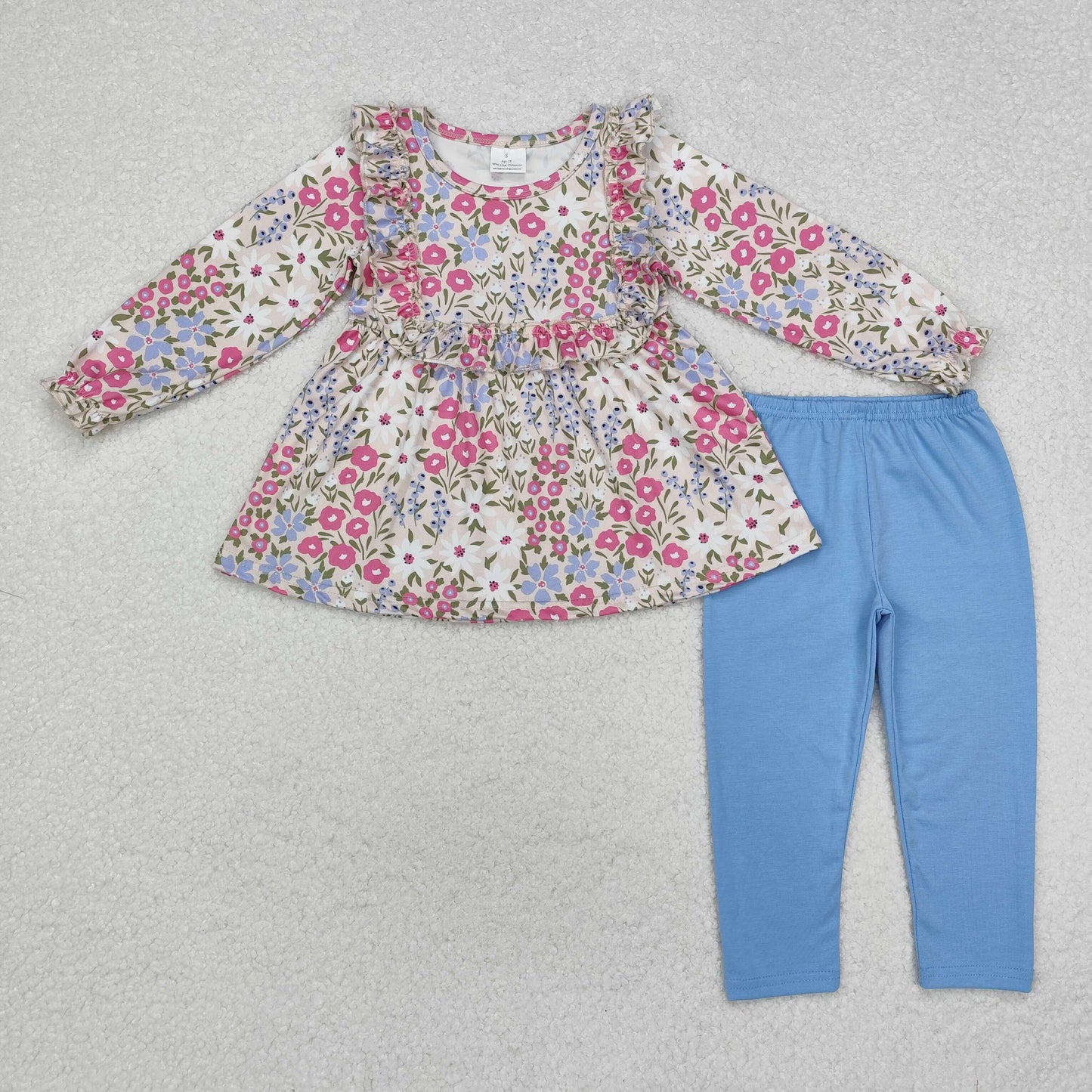 GLP1926 colorful flowers long sleeve blue pants girls set girls floral set