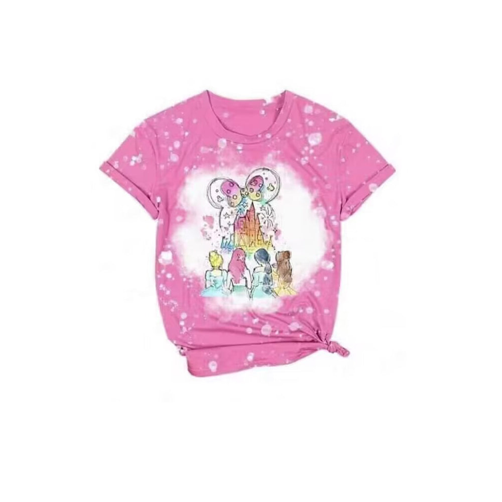 custom S cartoon castle princess hot pink short sleeve girls top