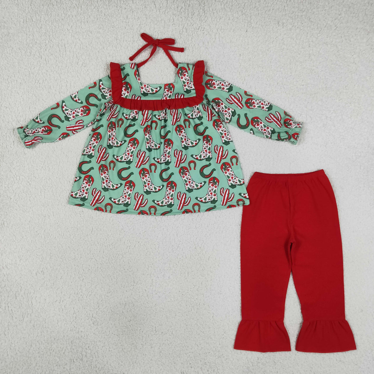 GLP2355 Western Christmas boot green long sleeve red pants girls set