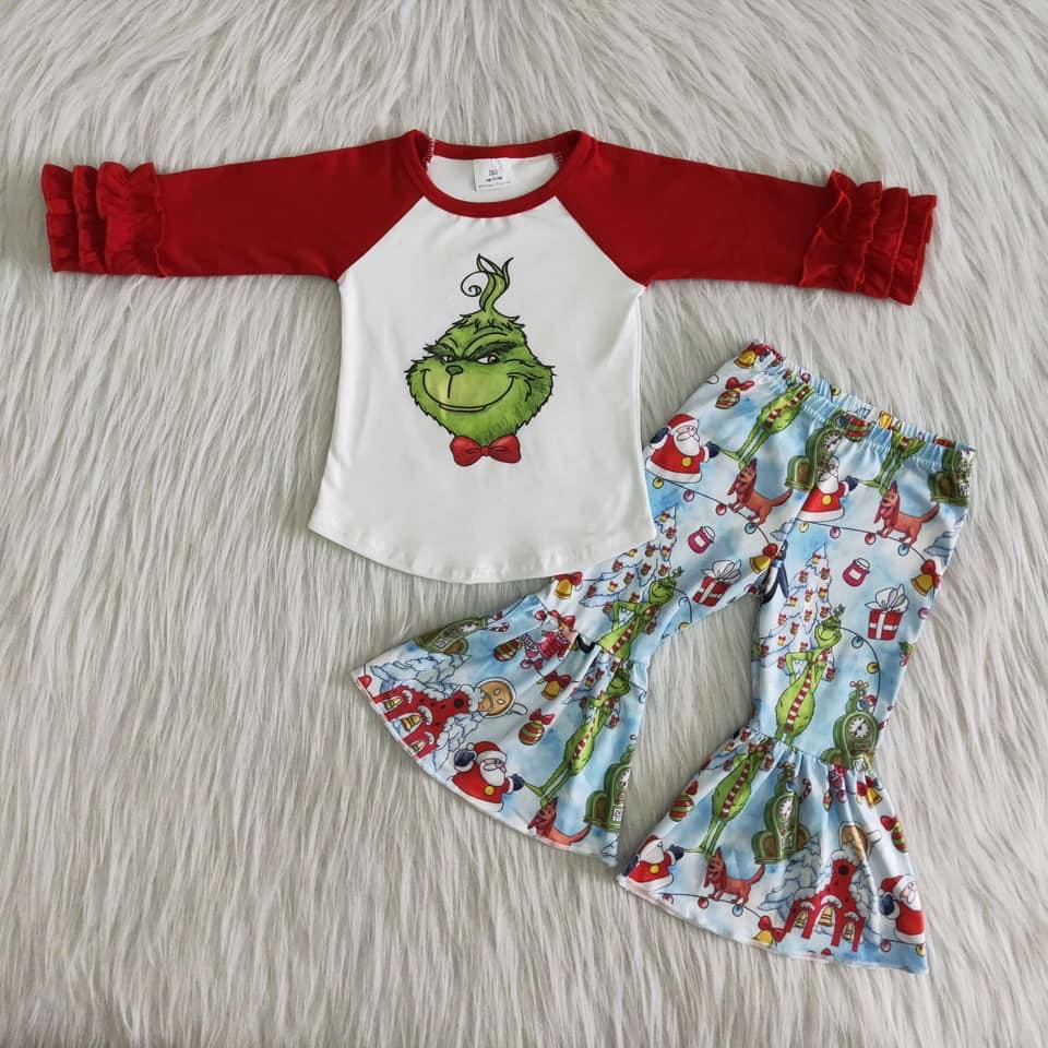 Christmas green face long sleeve pants girls set