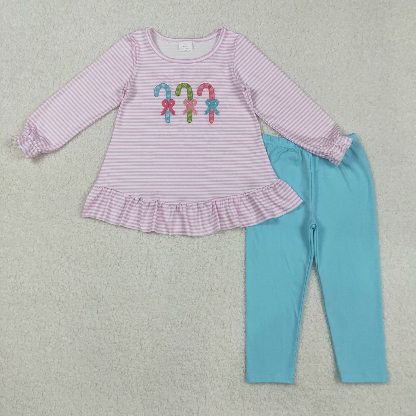 embroidery GLP2468 Christmas candy cane bows pink striped long sleeve blue pants girls set