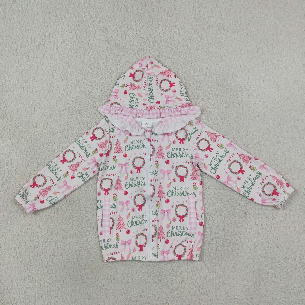 GT1822 Merry Christmas Tree Pink Hoodie Zipper Long Sleeve Girls Coat