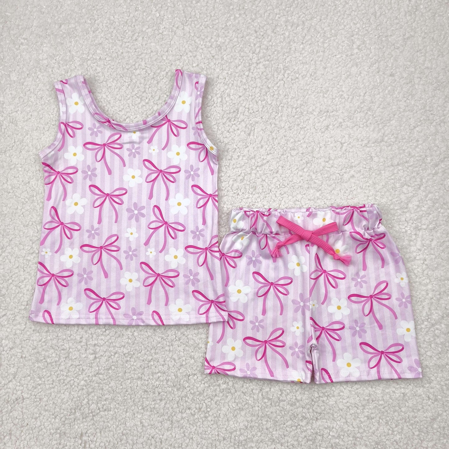 GSSO2479 hot pink bows Summer sleeveless shorts girls set