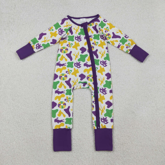 LR2637 Mardi Gras purple green yellow mask zipper long sleeve boys romper