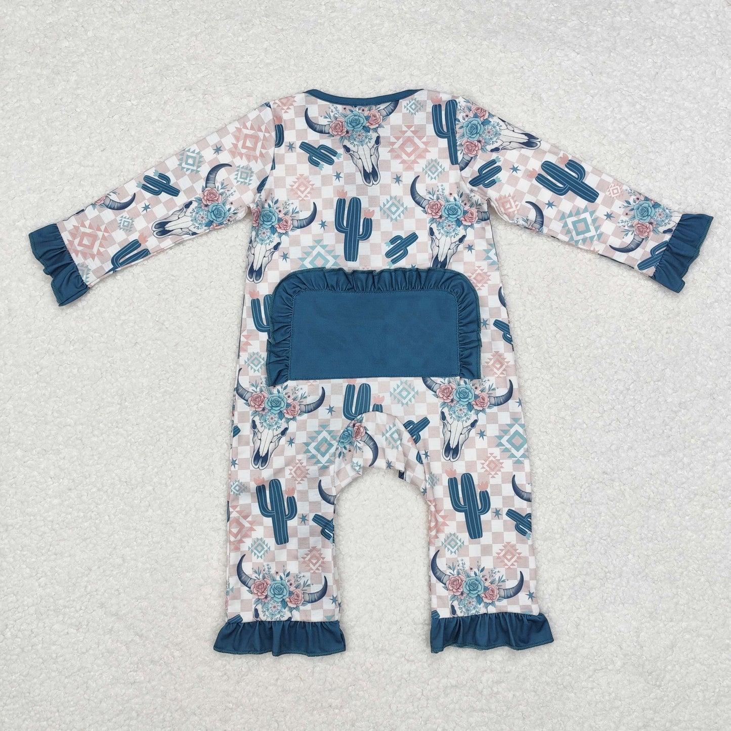 bamboo LR1446 Western Aztec cactus cow long sleeve zipper girls romper