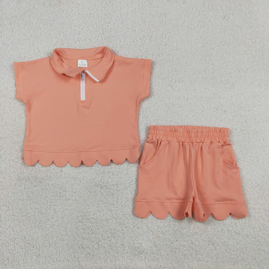 GSSO3374 Orange Pink Zipper Short Sleeve Shorts Girls Set