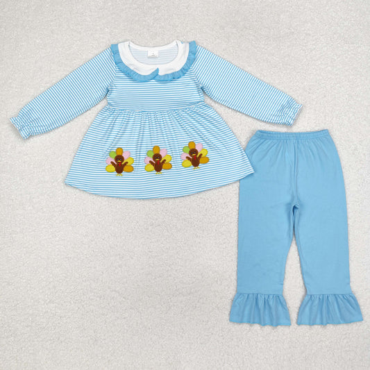 embroidery GLP1768 Thanksgiving turkey blue striped long sleeve blue pants girls set