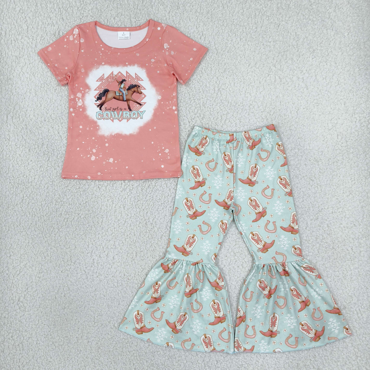 GSPO1571 Western rodeo cowboys short sleeve blue boots pants girls set