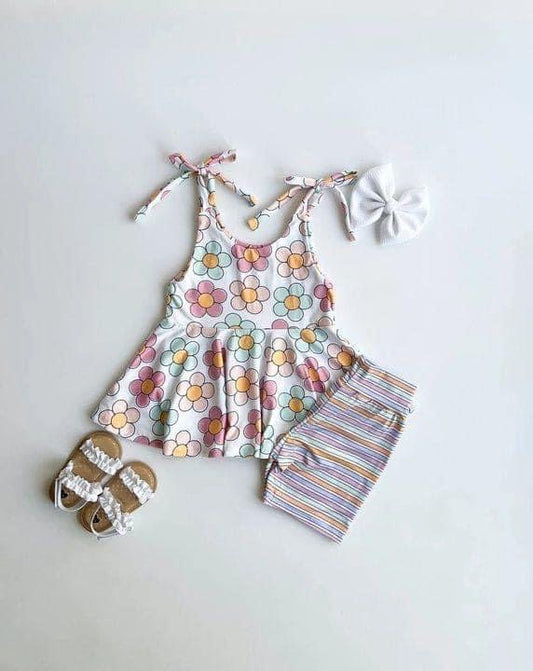 custom style colorful flowers top colorful striped shorts girls set