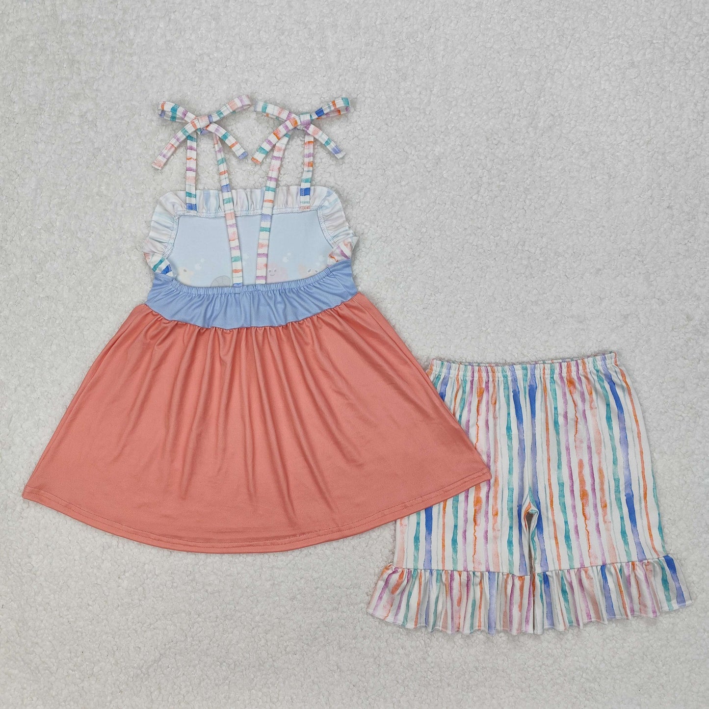 GSSO2016 Crab Octopus Turtle Seahorse orange straps striped shorts girls set