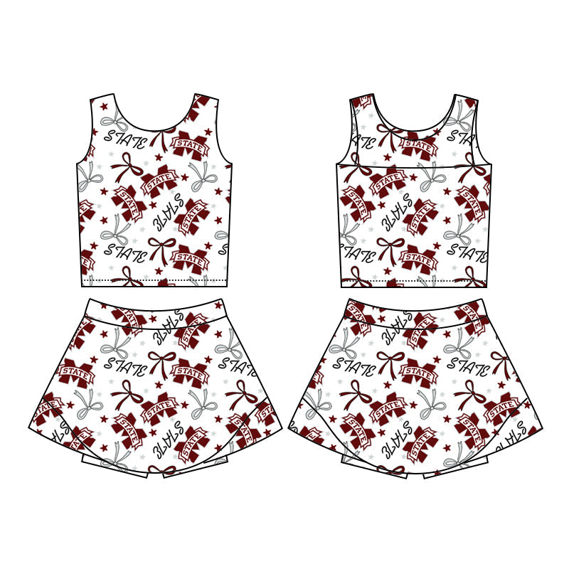 Cutom Moq 3 Football Team state maroon bows sleeveless skirt with shorts girls set