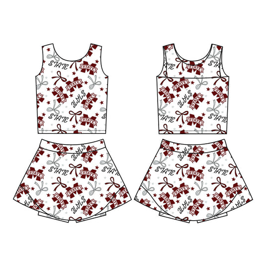 Cutom Moq 3 Football Team state maroon bows sleeveless skirt with shorts girls set