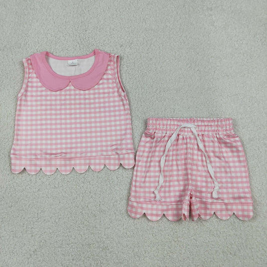 GSSO3394 Pink Checkered Sleeveless Shorts Girls Set