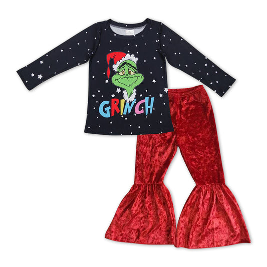 Christmas GLP0808 green face black long sleeve red velvet pants girls set