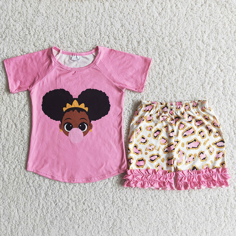 Pink Black Girl Leopard Print Shorts Set