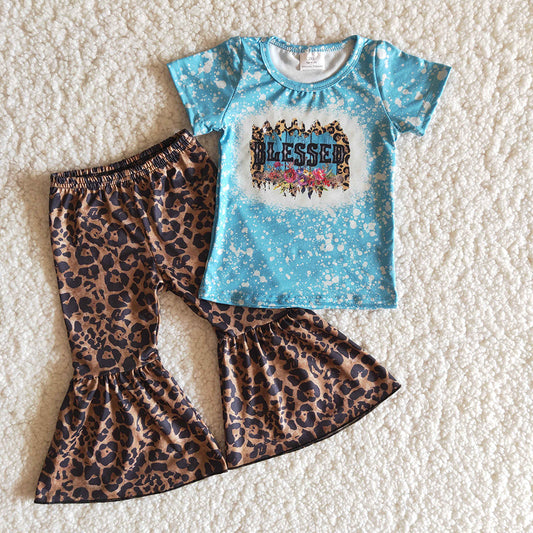 A14-24 Blue Bleach Design Blessed Leopard Print Girls Outfits