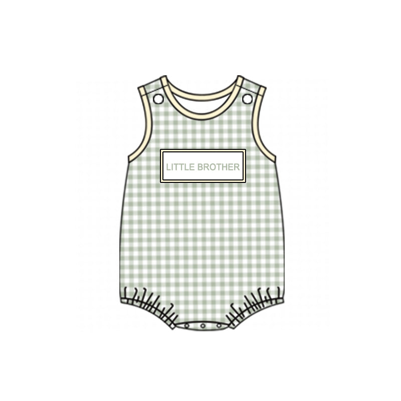 custom S little brother dark green checkered sleeveless boys romper