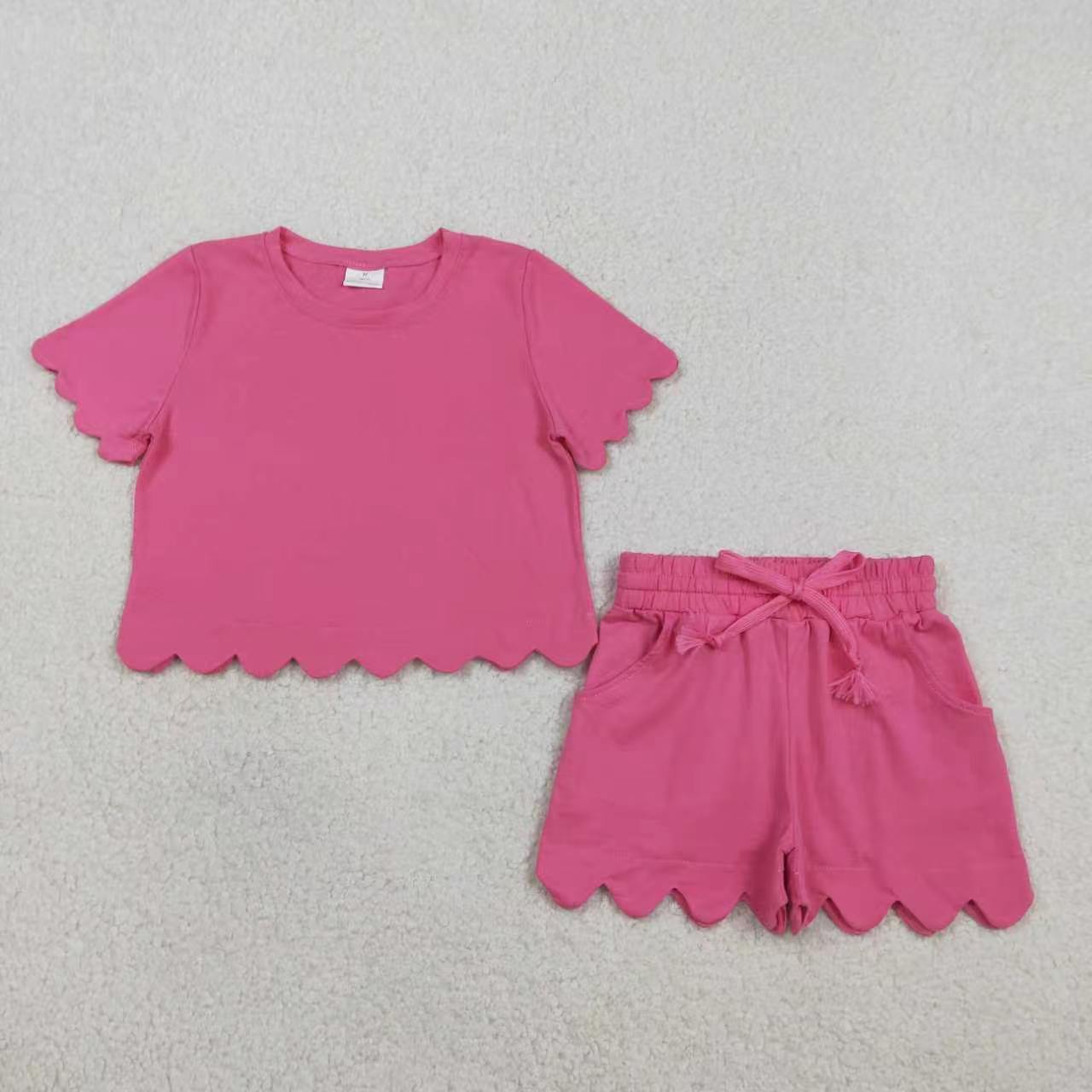 Solid Color Scallop Short Sleeve Shorts Girls Set RTS Sibling Clothes