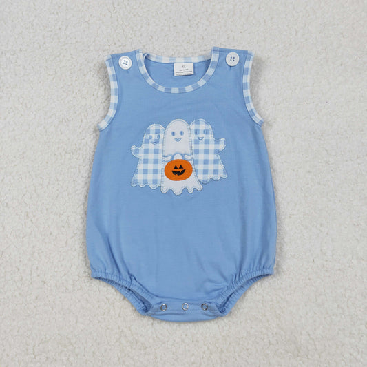 SR3197 Halloween spooky smile pumpkin blue sleeveless girls romper