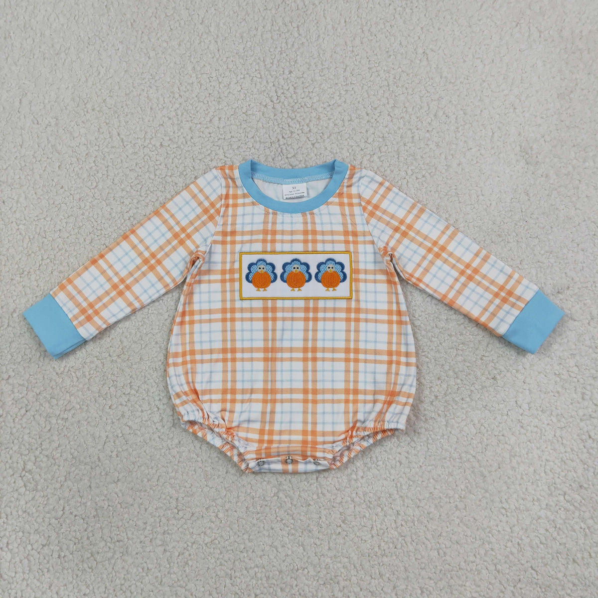 Embroidery LR3138 Turkey Orange Checkered Long Sleeve Boys Romper