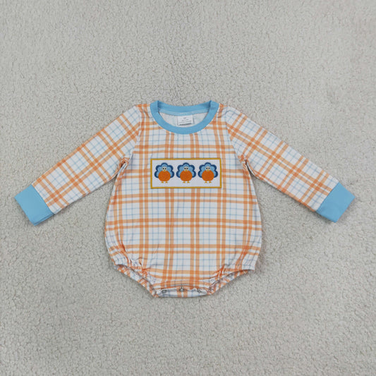 Embroidery LR3138 Turkey Orange Checkered Long Sleeve Boys Romper