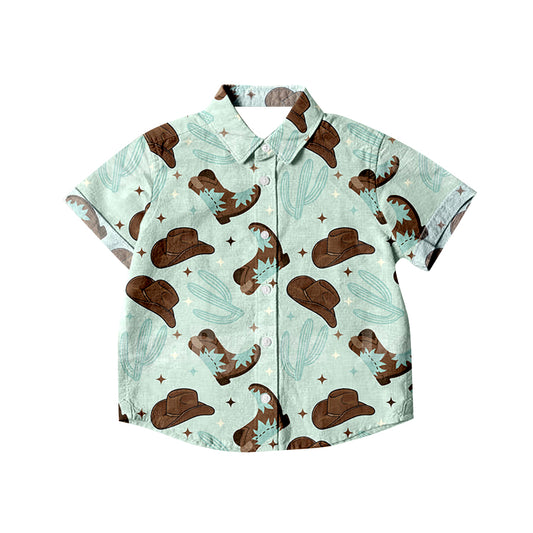 preorder BT0576 Western Hat Boot Green Cactus Short Sleeve Boys Top