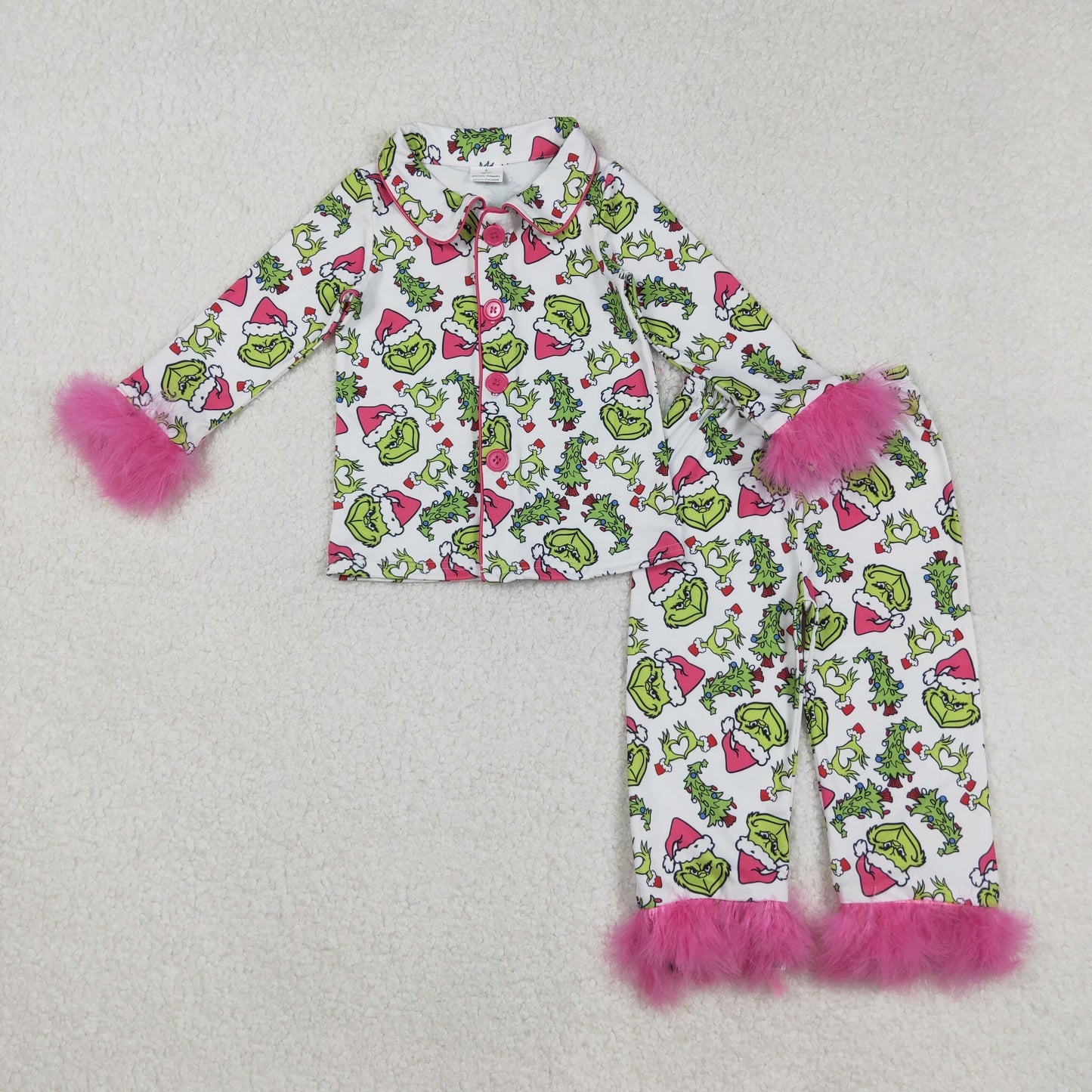 GLP2647 Christmas green face tree long sleeve pants girls fur pajamas