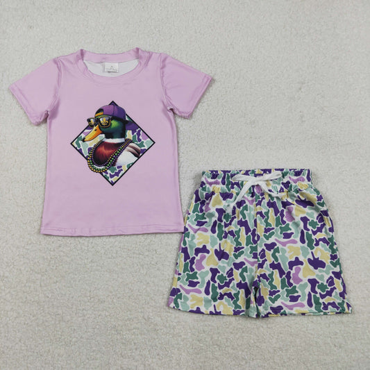 BSSO1583 Mardi Gras mallard duck purple short sleeve camo shorts boys set