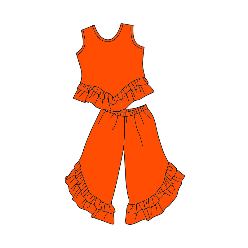 custom trendy orange sleeveless pants girls ruffles set