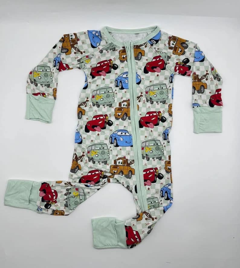 preorder LR1621 cartoon car green checkered long sleeve zipper boys romper