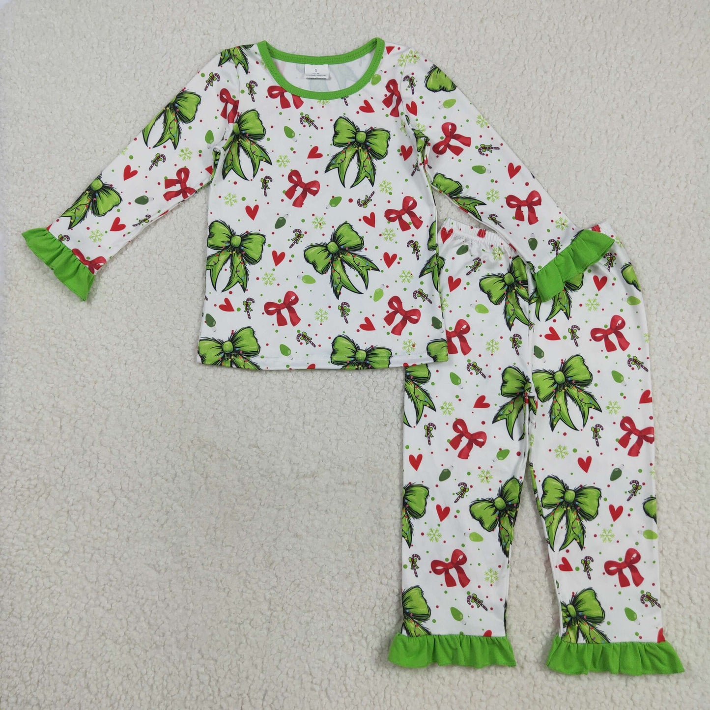 GLP2628 Christmas green red bows long sleeve pants girls pajamas