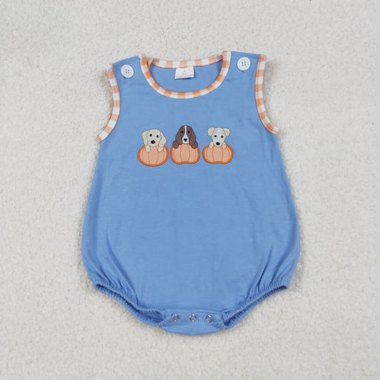 embroidery SR3190 Autumn pumpkin dog blue sleeveless boys romper