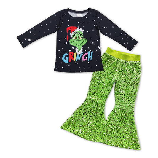 Christmas GLP1007 green face black long sleeve green sequin pants girls set
