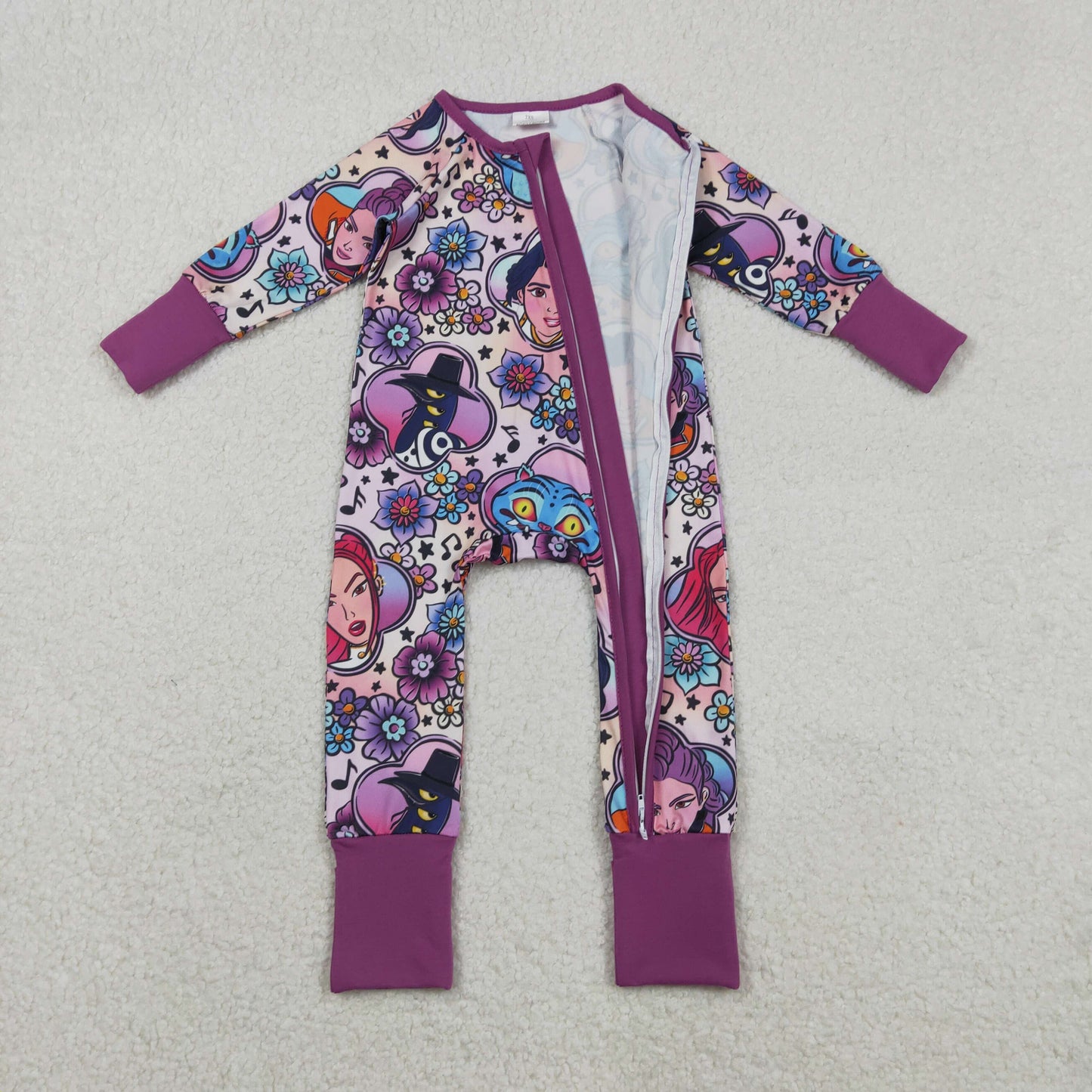 LR2732 cartoon cat witch flowers purple zipper long sleeve girls romper