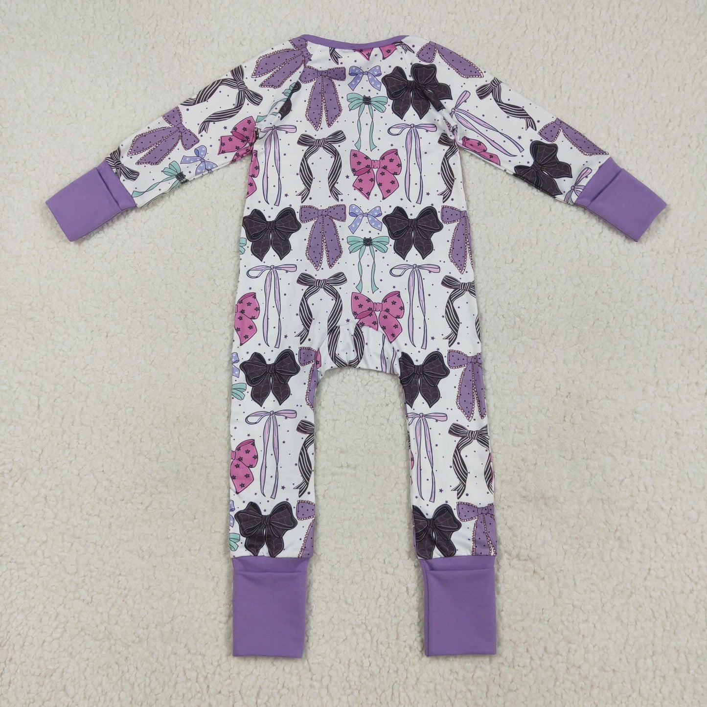 Custom moq 20 bamboo Halloween bows black purple long sleeve zipper girls romper