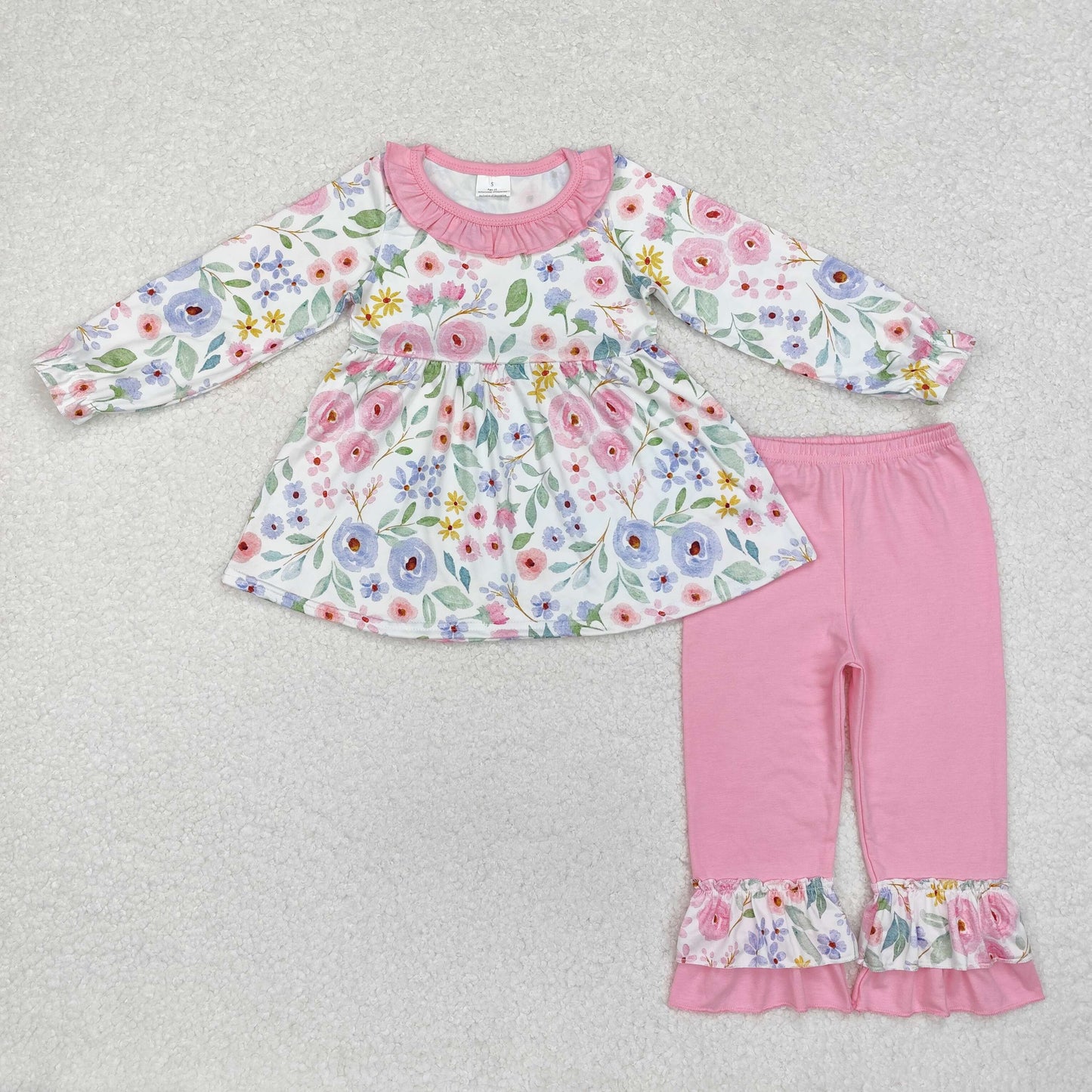 GLP1699 colorful flowers long sleeve pink pants girls set cute floral set