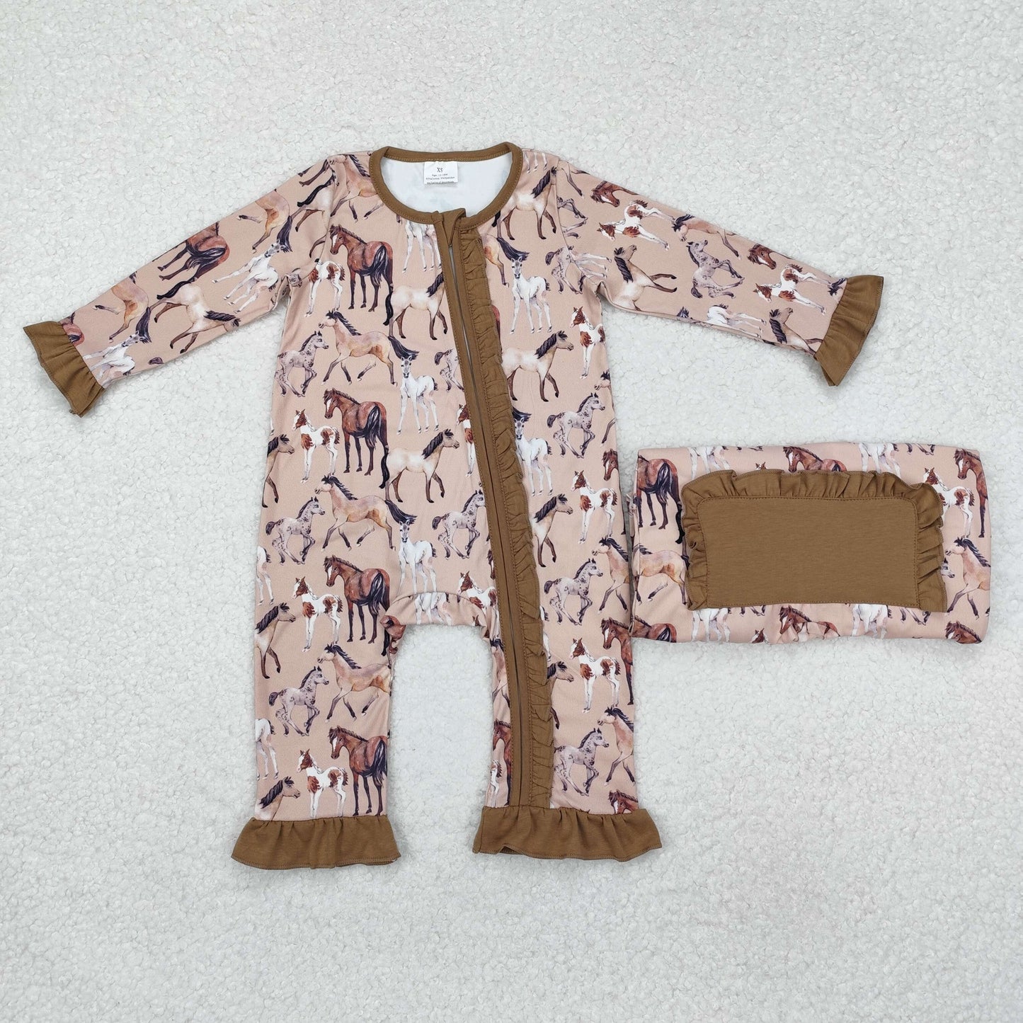 LR1771 Farm horse brown long sleeve zipper girls romper