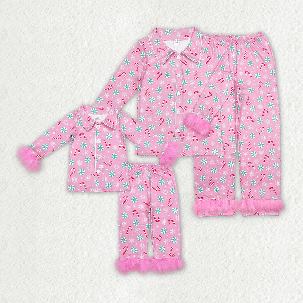 Christmas cane candy fur pajamas mama and me RTS sibling clothes