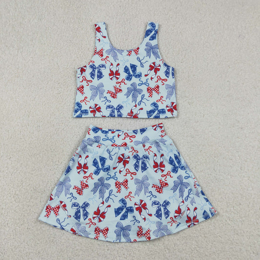 GSD3874 yoga July 4th Bows Sleeveless Skorts Girls Set