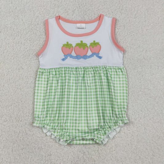 Embroidery SR3725 Strawberry Bow Green Checkered Sleeveless Girls Romper