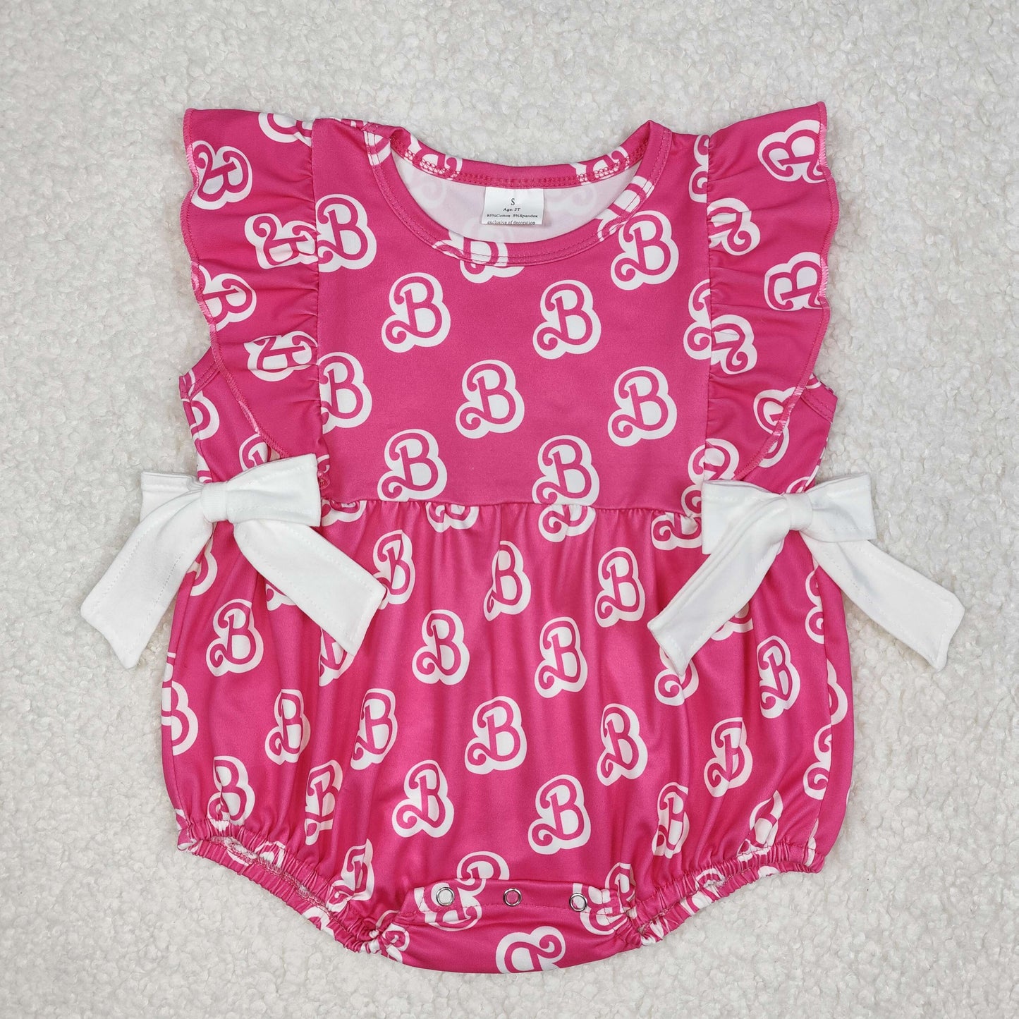 SR2567 cartoon BA hot pink bows ruffles sleeve girls romper