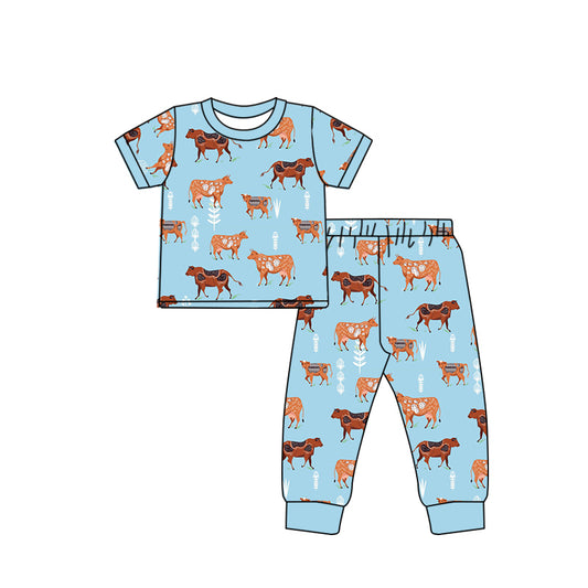 preorder BSPO0213 Farm cow blue short sleeve pants boys pajamas