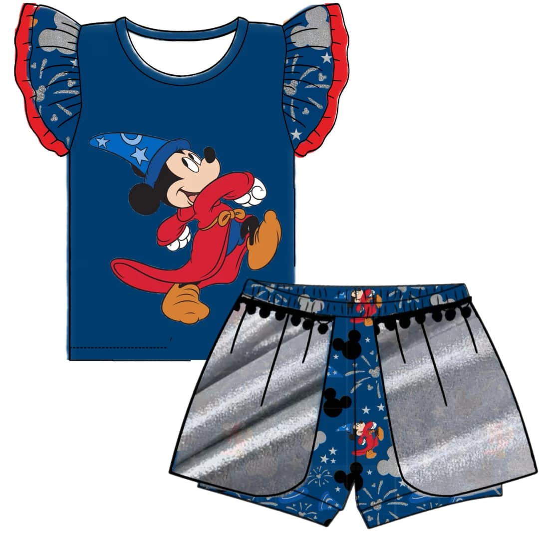 custom style cartoon mouse blue flutter sleeve shorts girls set tat 6-8 weeks